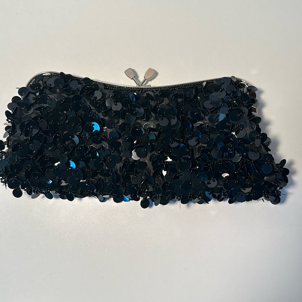 Vintage Beaded Black Sequined Evening Clutch Shoulder Bag w/Silver Kiss Lock